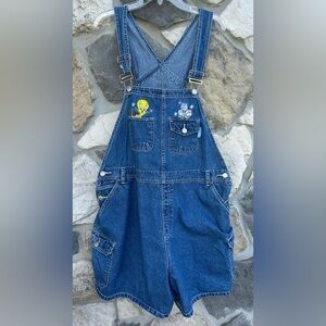 Vintage Y2K Tweety Bird Shortalls Overalls 18/20 (2X) Looney Tunes Embroidered